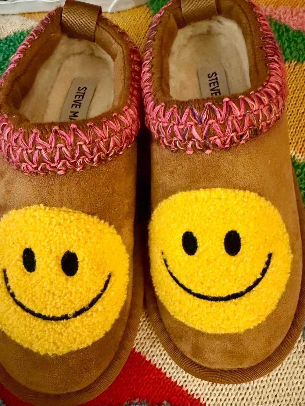 Steve Madden Brown Suede Slippers with Yellow Smiley Faces and Pink Trim